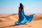 Indian woman in blue dress in desert. AI Generated. Art Print